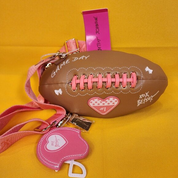 Betsey Johnson xotoss Game Day Football-Shaped Crossbody Bag clutch w charms NEW - Picture 1 of 12